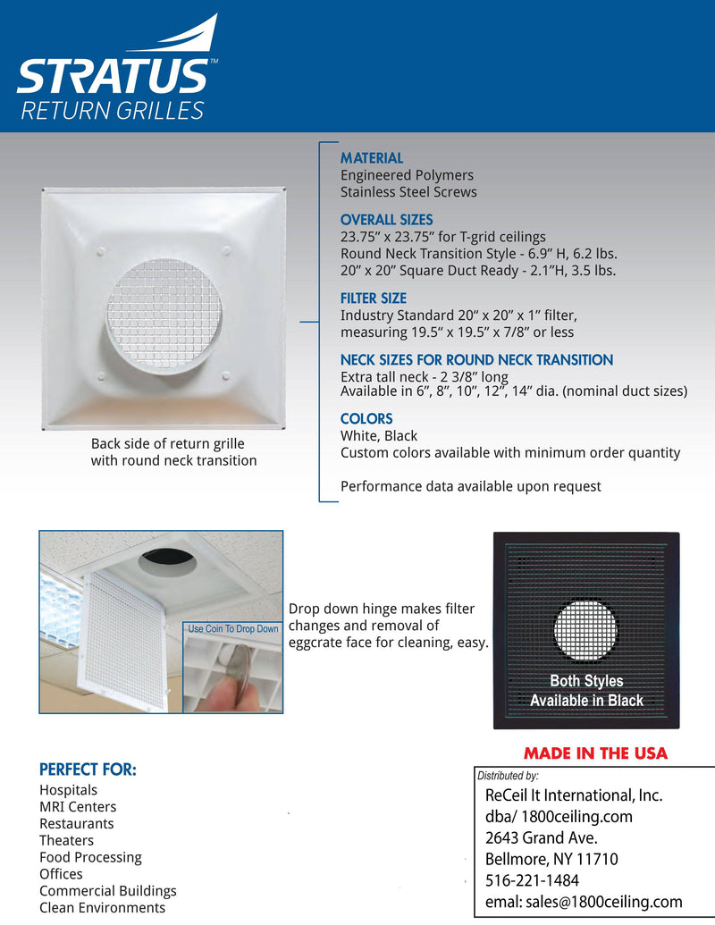 Stratus WHITE Plastic Filtered Air Return-No Backplate - 1800ceiling