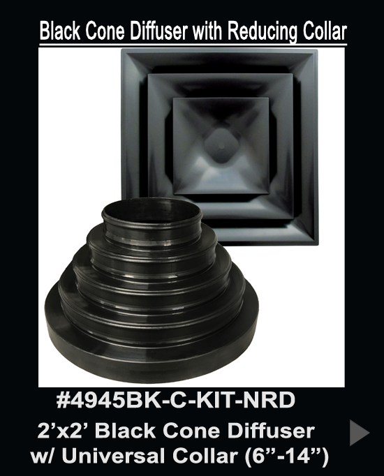 2'x2' Black Plastic Cone Air Diffuser w/ Universal HVAC Reducer Kit ...