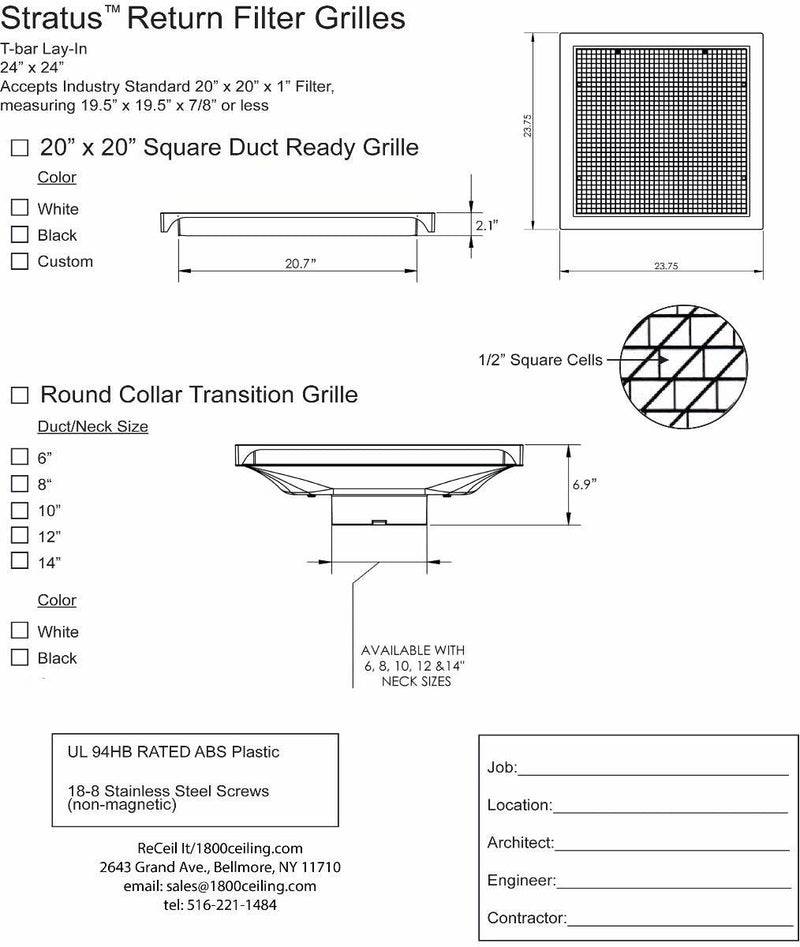 Stratus WHITE Plastic Filtered Air Return-No Backplate - 1800ceiling