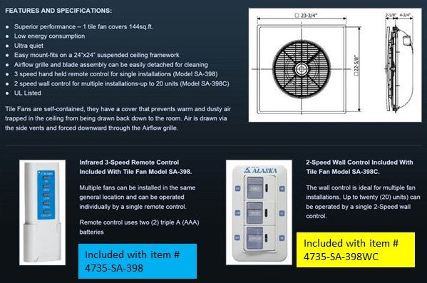 2'x 2' Ceiling Tile Fan with Hard Wired Wall Control - 1800ceiling