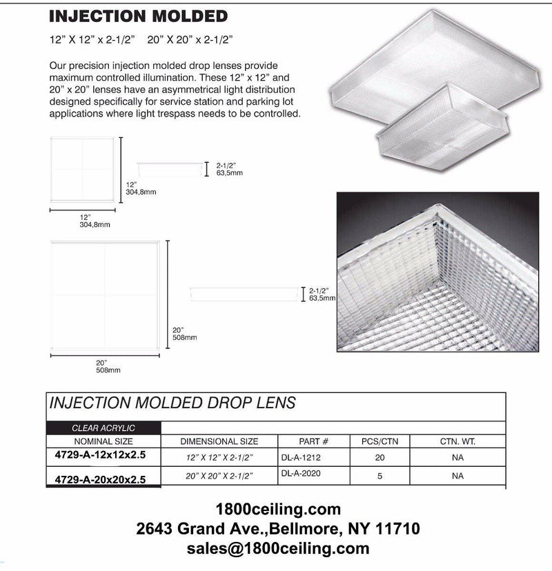 12" x 12 x 2.5" High.  Clear Acrylic Injection Molded Lens Outdoor Drop Lens - 1800ceiling