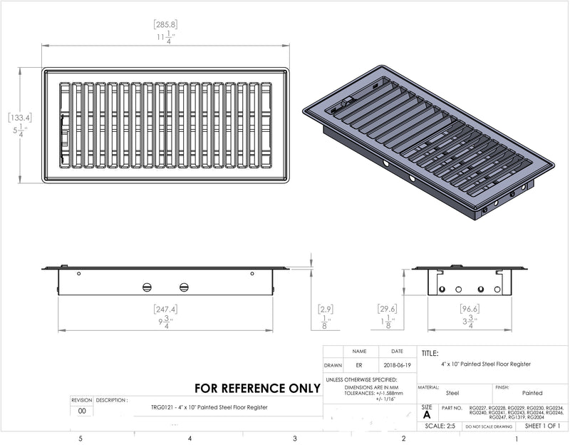 4"x10" Steel Floor Register - 1800ceiling