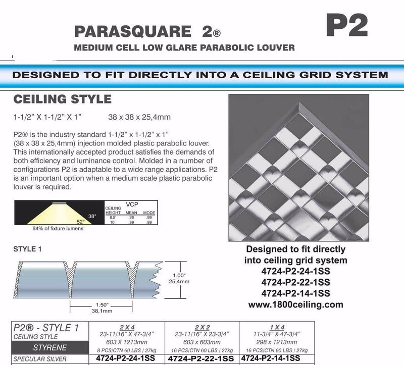 2'x2' Silver Parabolic, No Flange 1-1/2" x 1-1/2" Cells - 1800ceiling