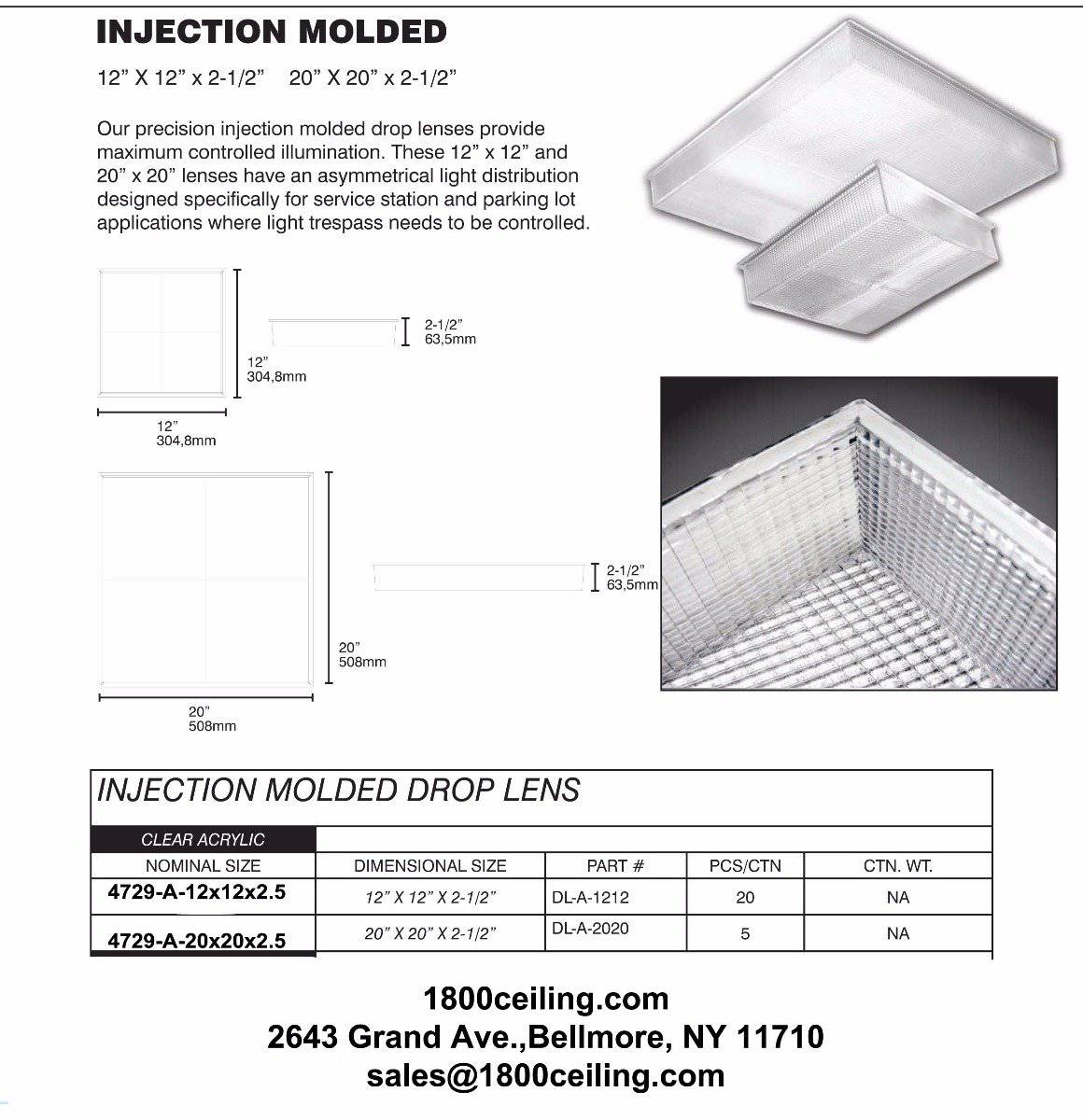 20x20 x 2.5" High Clear Acrylic Injection Molded Lens Outdoor Drop Lens - 1800ceiling