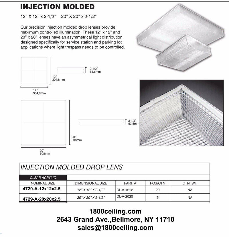 20x20 x 2.5" High Clear Acrylic Injection Molded Lens Outdoor Drop Lens - 1800ceiling