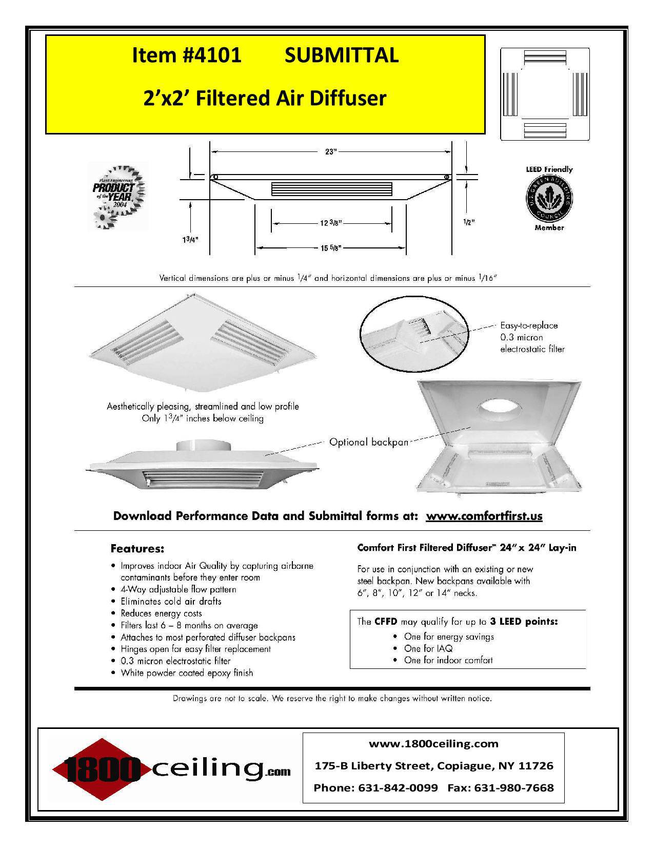 Filtered Air Diffuser-2'x2' with Back Pan - 1800ceiling