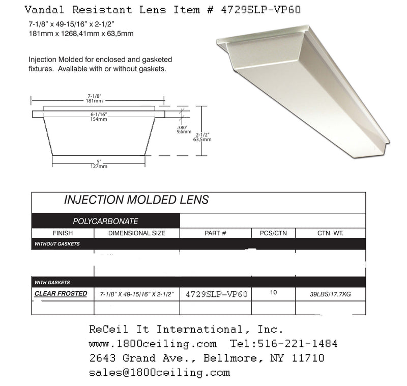 Vandal Resistant Lens-49-15/16" Long, 7-1/8" Wide, x 2-1/2" Deep. - 1800ceiling