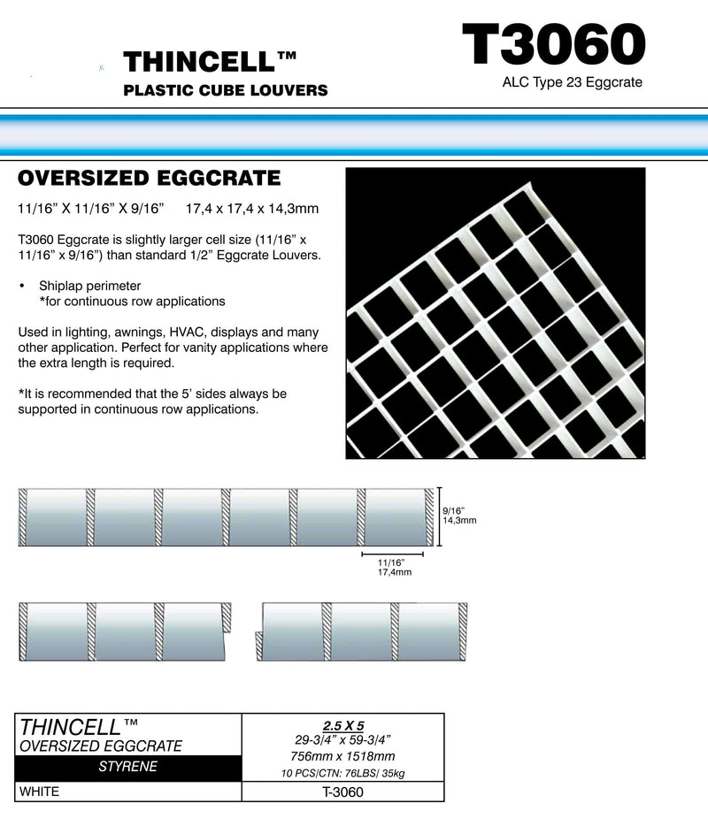 White Egg Crate Custom: 14" thru 29-3/4" wide x 48" thru 55" long - 1800ceiling